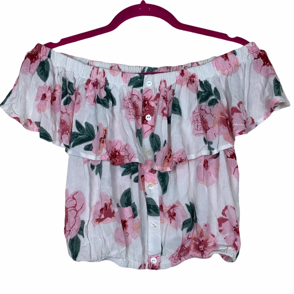 Derek Heart Floral Flounce Off Shoulder Crop Top M